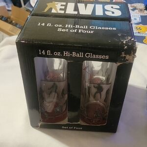 Elvis Hi-Ball 14 oz Glasses Set of Four NIB. Never Opened, Never Used. The King!